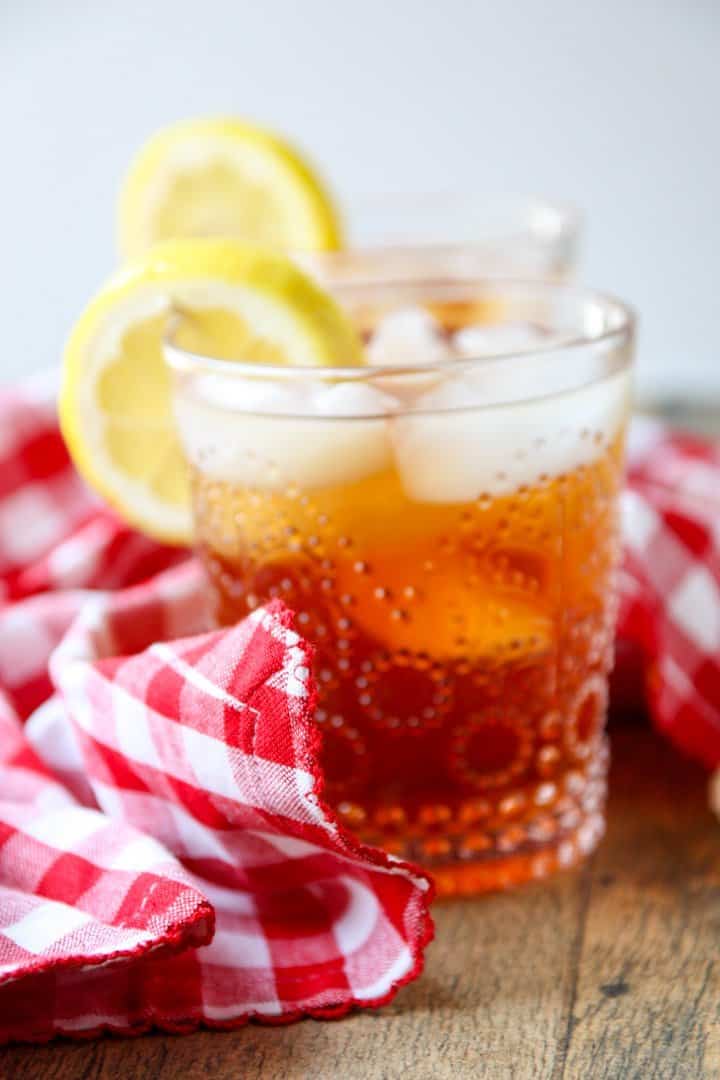 A close up of a glass of cold tea