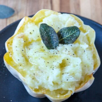 Mashed potato squash after roasting and mashing with garlic.